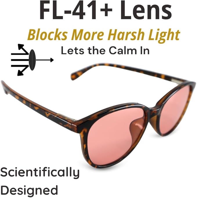FL-41 Migraine Glasses for Light Sensitivity/Photophobia–Indoor/Outdoor Transitional Lens–Tortoise Frame