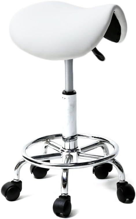 U-Kiss PU Leather Round Rolling Stool with Foot Rest Swivel Height Adjustment Medical Spa Drafting Salon Tattoo Work Office Massage Stools Task Chair,Kitchen,Salon,Bar,Office,Massage (White 2)