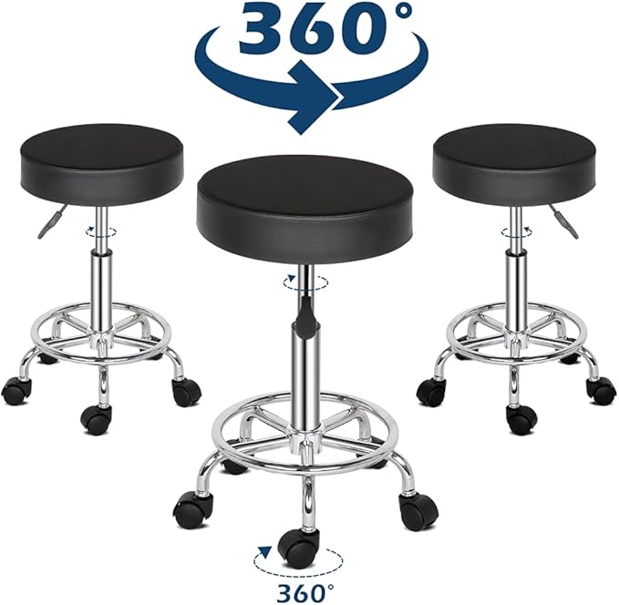 Round Rolling Bar Stool PU Leather with Wheels and Foot Rest, Height Adjustable Task Work Drafting Chair with Back for Salon Spa Tattoo Facial Medical Office Chairs (Black1)
