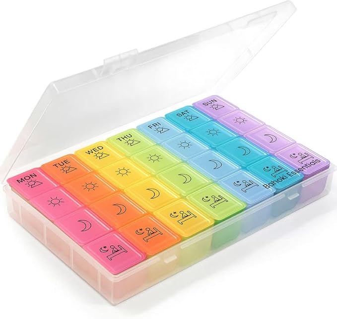 BaHoki Essentials Weekly Pill Organizer - Portable 7-Day Pill Box with 3 Times Per Day Compartments
