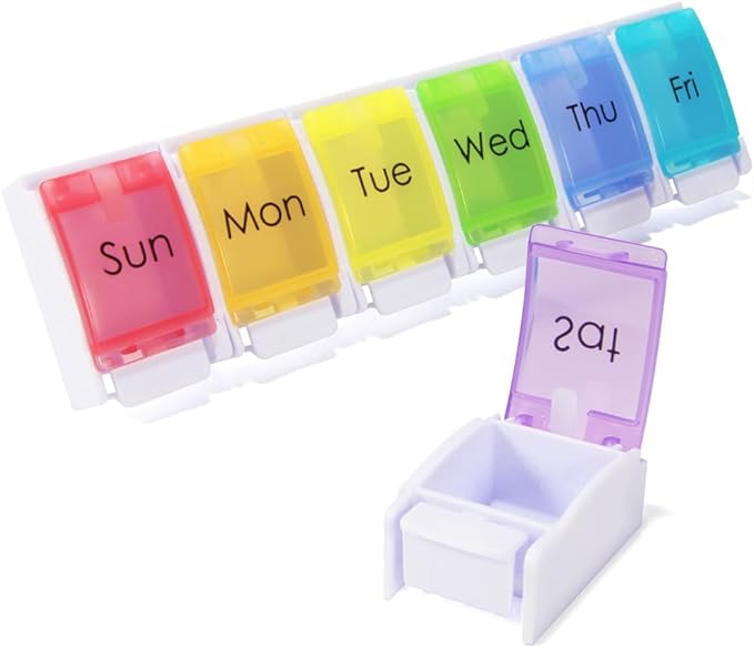 7 Day Pill Organizer, Removable Daily Cases with Rainbow Lids & Permanent Day Printing – No Stickers, Large Capacity Travel Medicine Holder for Pills, Vitamins & Fish Oil, Easy One-Handed Open (1/Day)