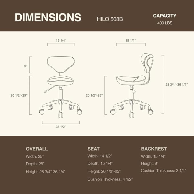 Ergonomic Saddle Seat Adjustable Pneumatic Hydraulic Drafting Swivel Rolling Stool Chair for Medical Hygienic SPA Massage Salon Home and Office - Hilo 508 (Vanilla, with Backrest)