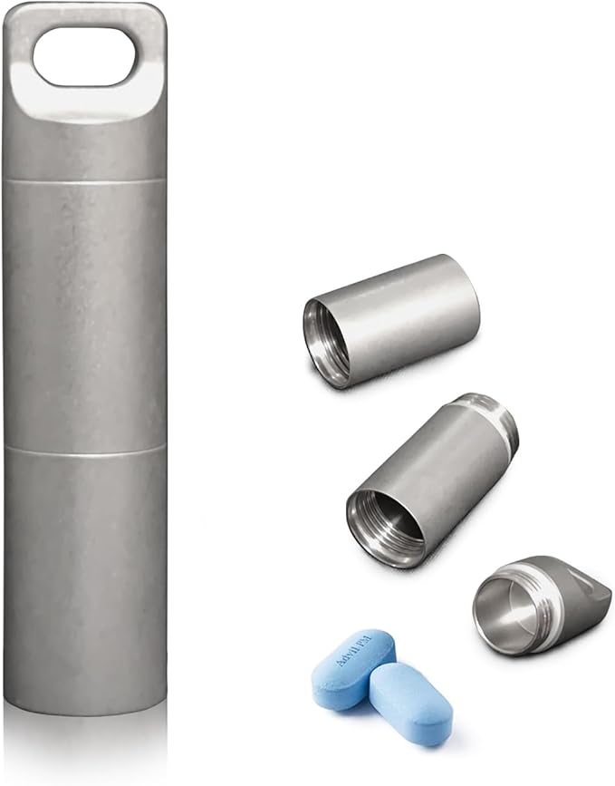 Stainless Steel Pill Box Keychain, Waterproof Compact Pill Organizer for Emergency Pills & Vitamins, Portable Keyring Necklace Holder, Travel Hiking Essentials, 2 Compartments