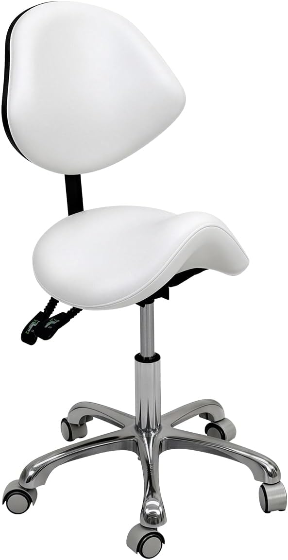 Saddle Stool Rolling Chair for Medical Massage Salon Kitchen Spa Drafting,Adjustable Hydraulic Stool with Wheels (White, with Backrest)