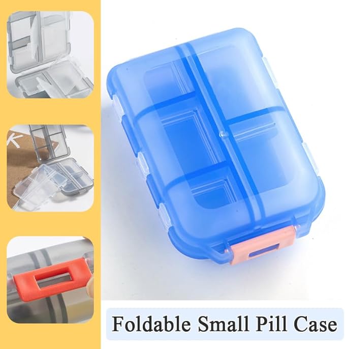 Small Travel Pill Box Organizer, 10 Compartment Pill Case Planner, Portable Folding Daily Medcine Container Capsule Dispenser for Storage Medication, Meds, Vitamin, Fish Oil, Supplement, Blue