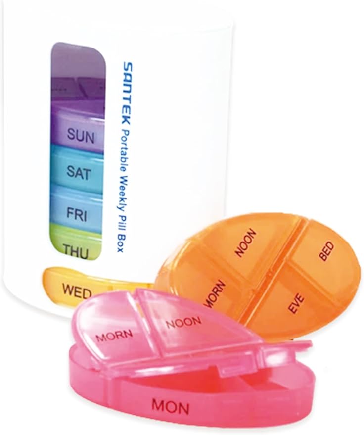 7-Day Pill Organizer, 4 Times a Day – Colorful, Durable, Stackable Design with Labeled Individual Day Compartments, Travel-Friendly
