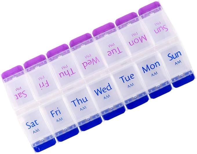 Pill Organizer 7 Day, Pill Box 2 Times a Day AM PM Pill Case, Weekly Pill Container Portable Travel Medicine Box for Vitamins and Supplements (Blue-Purple)