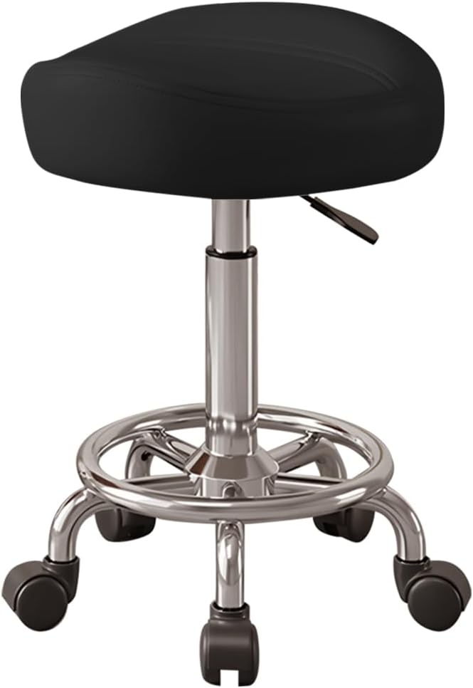 Saddle Stool, Adjustable Height Ergonomic Swivel Chair with Wheels, PU Leather Saddle Seat with Ring Pedal for Salon, Massage, Clinic, Lab, and Office