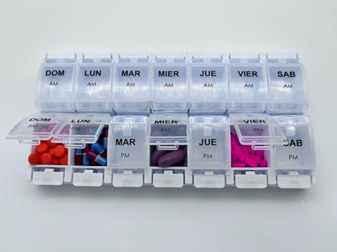Healthaccessories Spanish Pill Box 7 Day Twice-a Day AM PM Weekly Pill Planner Organizer - Large Compartment Pill Boxes Store medications for Entire Week. Easy See Through. para un semana.