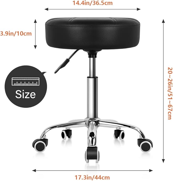 KKTONER Round Rolling Stool PU Leather Height Adjustable Swivel Drafting Work SPA Medical Salon Stools Chair with Wheels Black