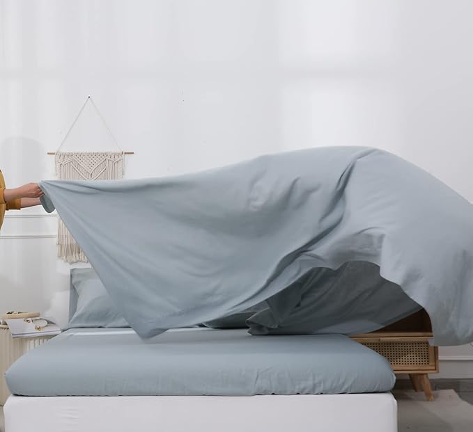 Simple&Opulence Belgian Linen Sheet Set Solid Color - 4 Pieces (1 Flat Sheet, 1 Fitted Sheet & 2 Pillowcases) Natural Flax Cotton Blend Soft Breathable Farmhouse Bedding - California King, Dusty Blue