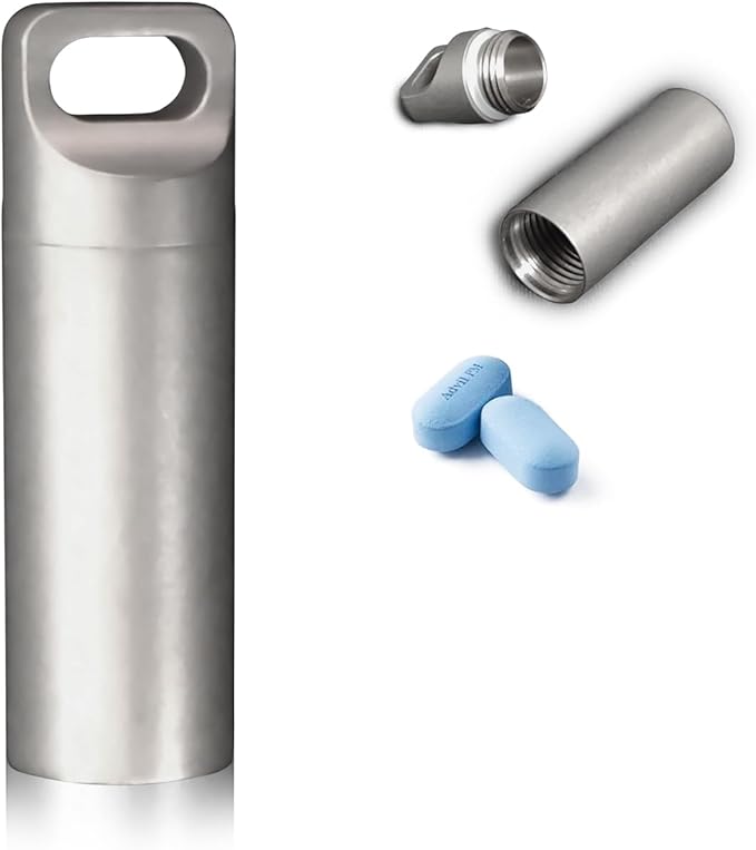 Stainless Steel Pill Box Keychain, Waterproof Compact Pill Organizer for Emergency Pills & Vitamins, Portable Keyring Necklace Holder, Travel Hiking Essentials