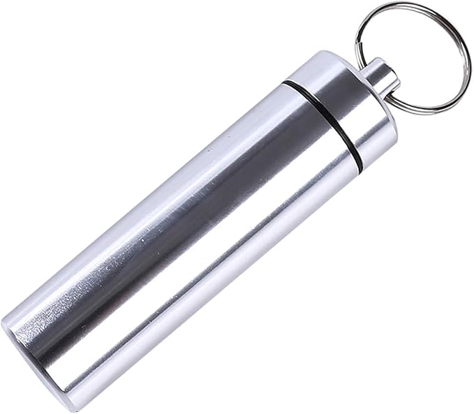 Silver Small Portable Pill Box Keychain, Aluminium Alloy Mini Pill Organizer Case Container for Purse,Waterproof Metal Pill Holder Medicine Bottle for Outdoor Camping Travel Medication Aids