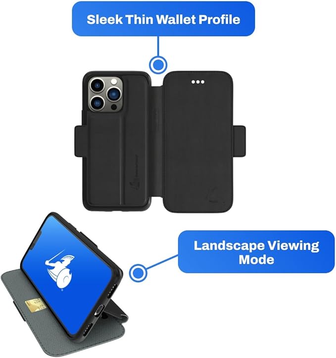 DefenderShield EMF Protection & 5G Anti Radiation iPhone 14 Pro Max SlimFlip Case - RFID Blocking EMF Shield Slim Wallet Case Black