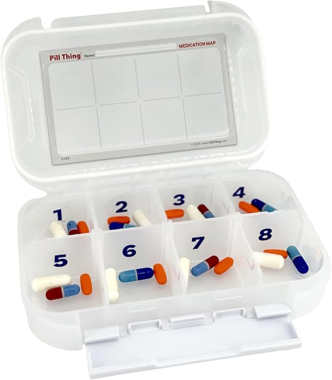 8 Time a Day Travel Sized Pill Case with Large Compartments and Airtight Seal, Adjustable Dividers, Silicone Gasket Waterproof Med Box, Numbered Stickers and Medication Map (Clear, 1 Pack)