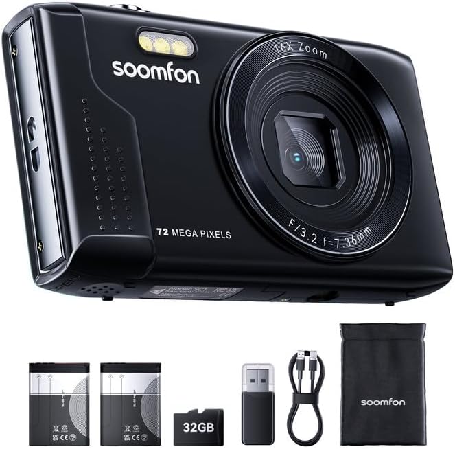 SOOMFON Digital Camera - Max 72MP Point and Shoot Kids Cameras with 16X Zoom, 32G TF Card, 2 Batteries and Card Reader, Compact Digital Camera for Kids Teens Beginners (Black)