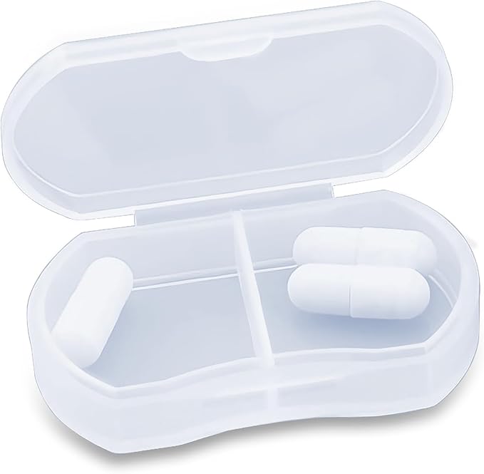Pill Case for Purse Small Pill Organizer Portable Travel Daily Pill Containers AM & PM Mini Pill Box Vitamin, Fish Oil, Supplement Holder (1 PCS, White)