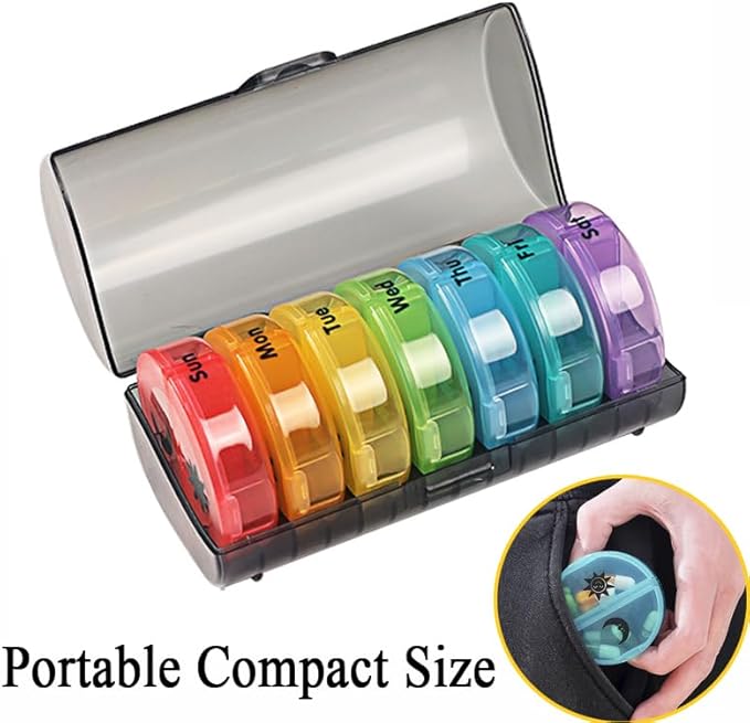 Weekly Pill Case Organizer, Twice a Day, Travel AM PM Vitamin Reminder, Colorful 14 Compartments with Box, Portable Daily Medicine Dispenser Planner for Supplement, Fish Oil, Capsule