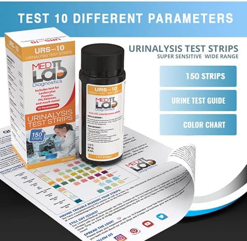 Med Lab Diagnostics 10 Parameter Urine Test Strips for Urinalysis(150 Cnt) in Sealed Pouches. Tests for Ketosis, pH, Protein, UTI, Kidney and Liver Function