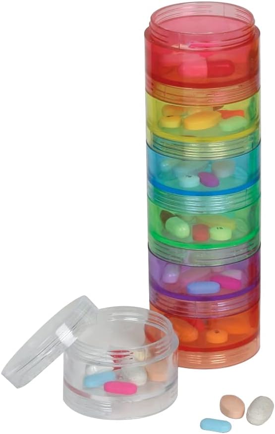 Weekly (7-Day) Stackable Pill Planner Organizer, Vitamin and Medicine Box, Detachable Compartments, Rainbow Colors (2 Pack)
