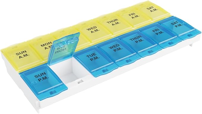 EZY DOSE Pill Organizer Weekly AM/PM (7-Day), Medicine Planner, Vitamin Case/Box, 2X-Large Locking Compartments to Secure Prescription and Prevent Accidental Spilling, Blue and Yellow, BPA Free
