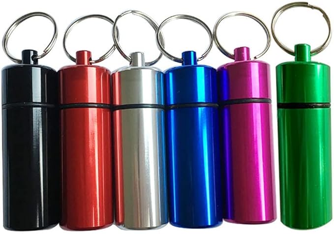 Artkingdome Set of 6 Metal Pill Box Cartridge Aluminum Alloy Cans Waterproof Sealing Earplugs Outdoor Medicine Organizer Ring Small First Aid Drug Holder Pill Container Bottle Clolorful Keychain