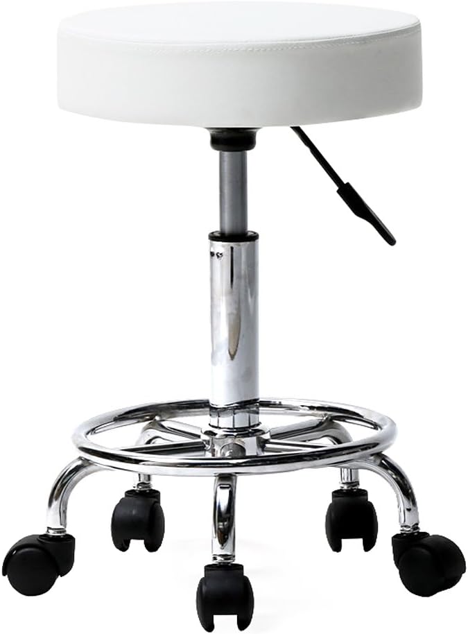 U-Kiss PU Leather Round Rolling Stool with Foot Rest Swivel Height Adjustment Medical Spa Drafting Salon Tattoo Work Office Massage Stools Task Chair (White 1)