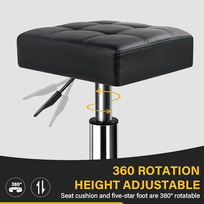 Modern Heavy Duty Rolling Stoool Square Thick Leather Seat 360 Swivel Stool with Wheels Height Adjustable Stool Chair for Home Kitchen Drafting Lab Office Salon Massage（Black）
