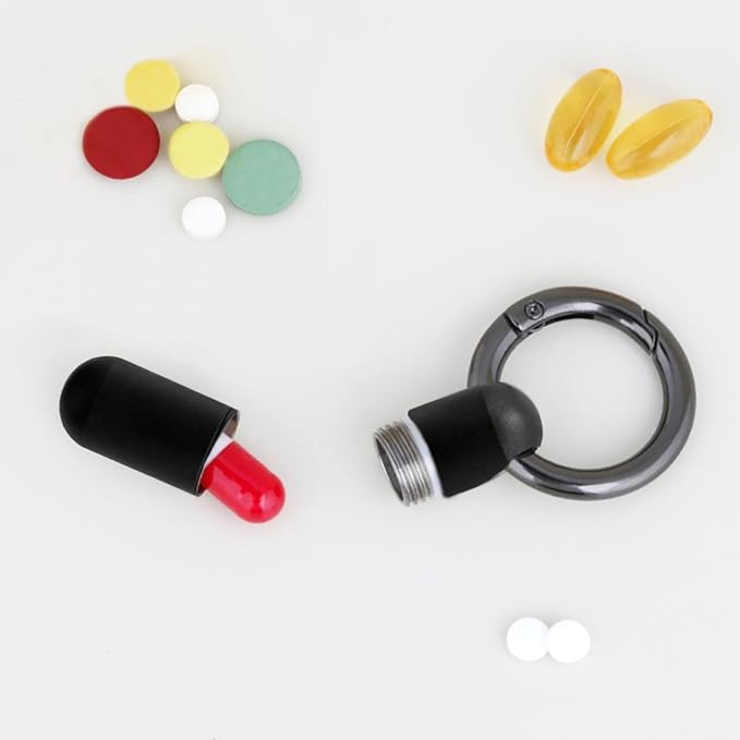 Keychain Pill Holder Mini - Titanium,Pill Case Travel Waterproof, Portable Tiny Pill Organizer for Camping and Hiking Outdoor Pill Box (Black)
