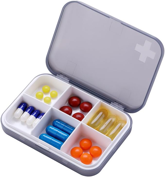 Portable Pill Organizer - Slim Pill Box for Purse or Travel, Compact Pill Case(4+6 Compartment,Gray)