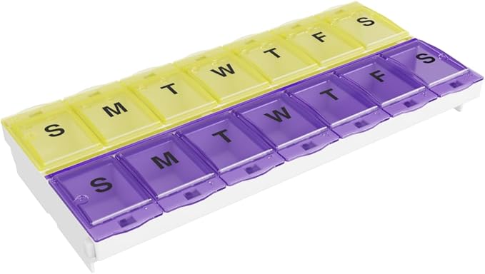 EZY DOSE Pill Organizer Weekly AM/PM (7-Day), Medicine Planner, Vitamin Case/Box, 2X-Large Locking Compartments to Secure Prescription and Prevent Accidental Spilling, Purple and Yellow, BPA Free