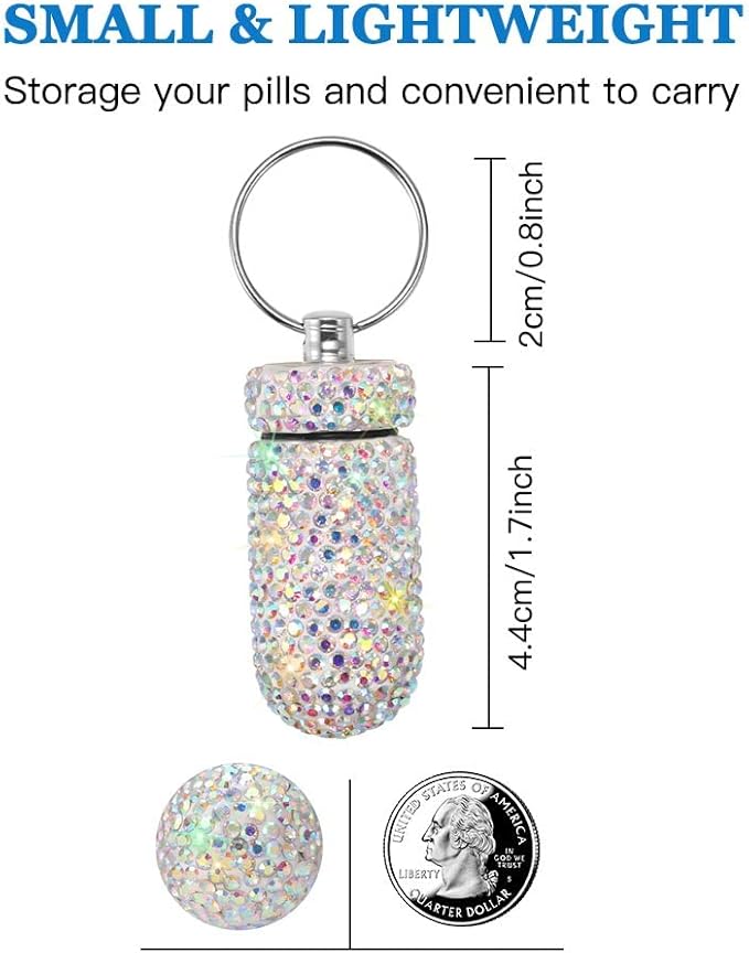 Portable Pill Case Pill Container Waterproof Pill Holder with Keychain Bling Pill Box Medicine Dispenser Bottle Storage for Outdoor Camping Travel (AB Color)