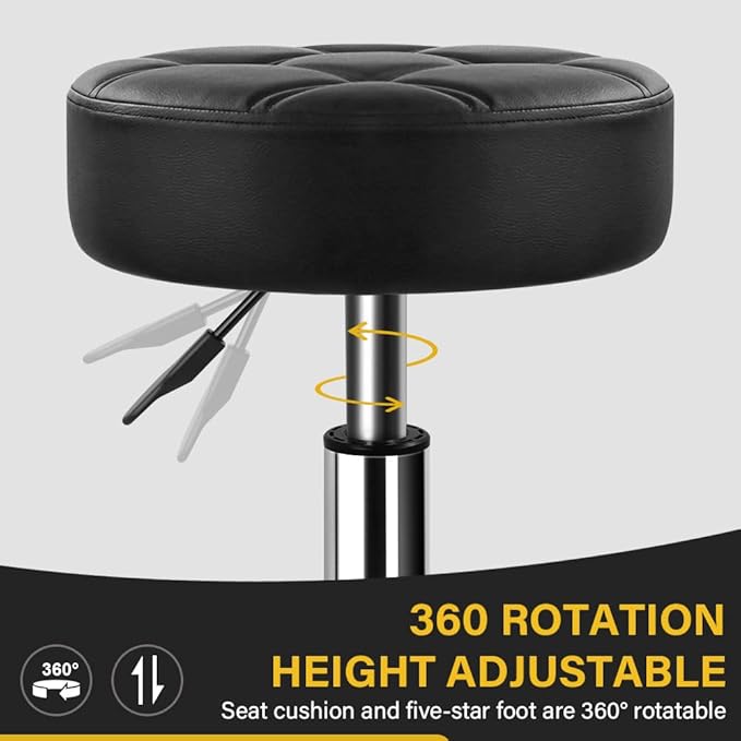 Heavy Duty Rolling Stool with Wheels Hydraulic Lift 360 Swivel Adjustable Rolling Chair Thick Leather Ergonomic Seat Stool Chair for Kitchen Drafting Lab Office Salon Massage Black