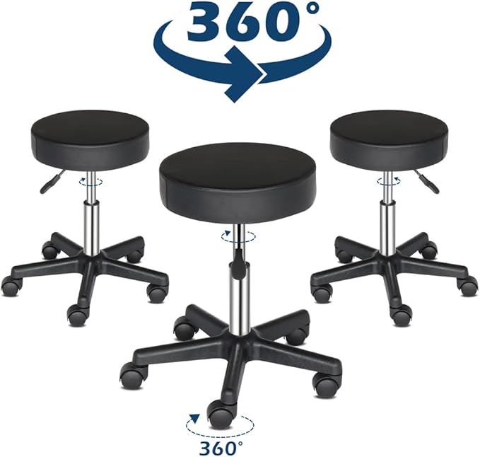 Modern Rolling Round Stool Chair,PU Leather Swivel Adjustable Rolling Stools,Ergonomic Swivel Salon Spa Barstools,Office Drafting Chairs,with Wheels,for Home, Kitchen, Medical, Lab (Black)