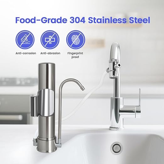 Amwater Countertop Water Filtration System, 5-Stage Stainless Steel Countertop Filter, 8000 Gallons Water Filter-Reduction of Lead, Chlorine, Heavy Metal Bad Odors (1 Filter Included)