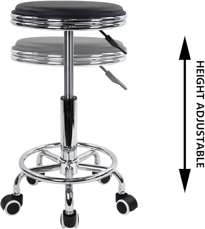 KKTONER Round Rolling Stool with Foot Rest PU Leather Height Adjustment Modern Industrial Metal Style Swivel Spa Salon Tattoo Work Massage Stools Small (Black)