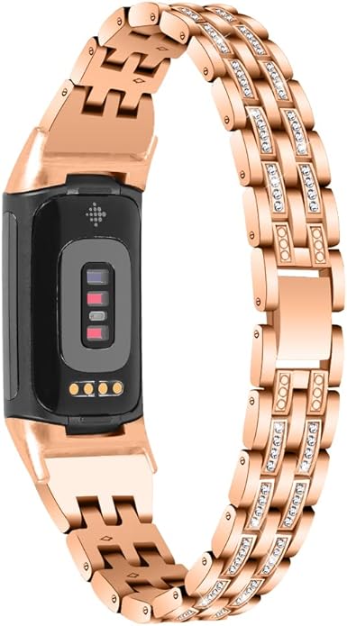 Chic Cute Bling Bands Compatible with Fitbit Charge 6/Charge 5 Fitness & Health Tracker,Rhinestone Dressy Bracelet Stainless Steel Metal Replacement Strap Wristbands Jewelry Strap Women (RoseGold)