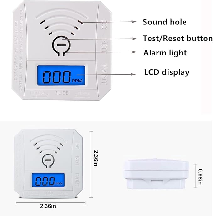 COOKSS Carbon Monoxide Detector 2 Pack,CO Gas Monitor Alarm with LCD Digital Display and Sound Warning，Battery Powered High Accuracy CO Alarm for Home,Office,Warehouse