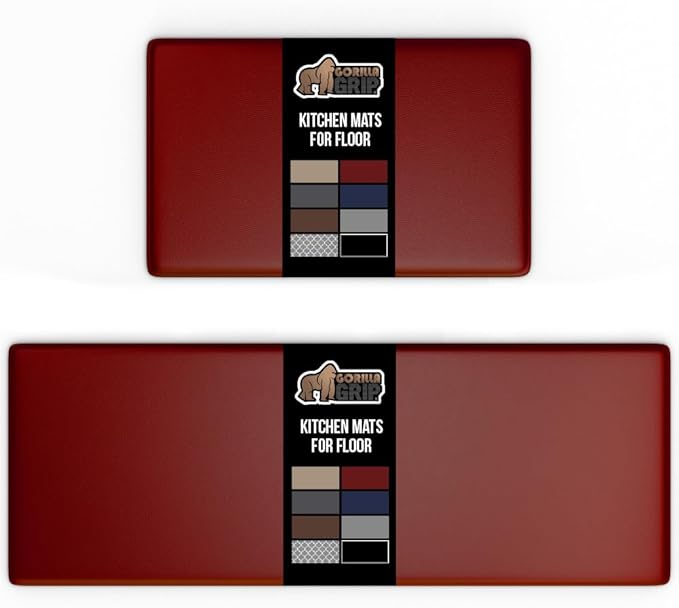 GORILLA GRIP 2 Pack Comfortable Cushioned Kitchen Mats for Floor, 17x24 + 17x48, Waterproof and Stain Resistant, 1/2 Inch Thick Soft Ergonomic Standing Desk Anti Fatigue Mat, Foam Supports Feet, Red