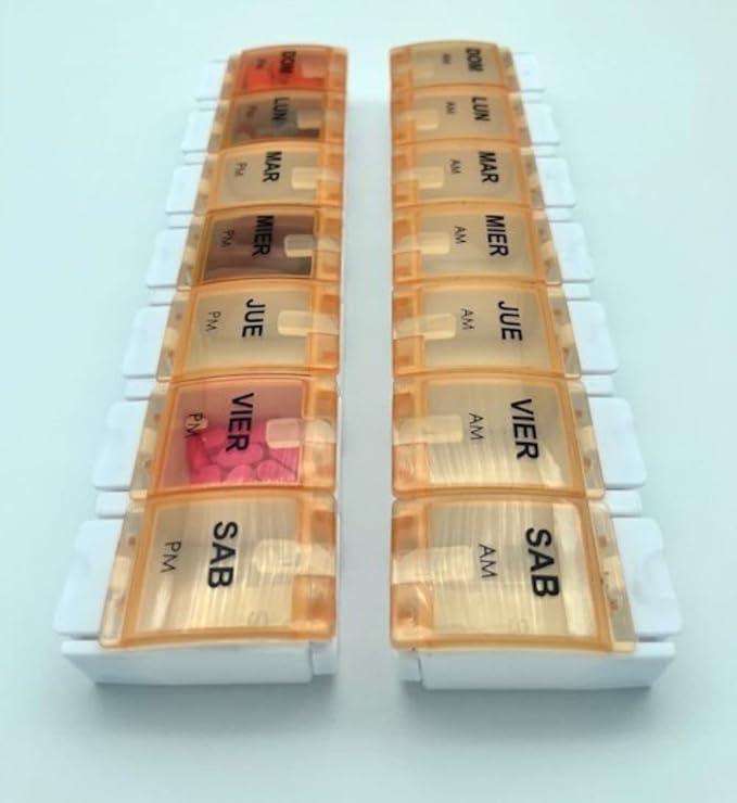 Healthaccessories Spanish Pill Box 7 Day Twice-a Day AM PM Weekly Pill Planner Organizer - Large Compartment Pill Boxes Store medications for Entire Week. Easy See Through. (Orange). para un semana.