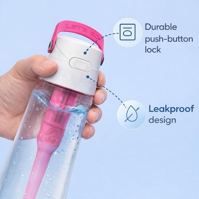 Dafi Filtered Water Bottle with Straw 17 oz - Sports Water Bottle Reusable with Carbon Filter for Gym, Travel, Daily Use - Leakproof, BPA-Free with Hypoallergenic Mouthpiece & Carrying Handle - Pink