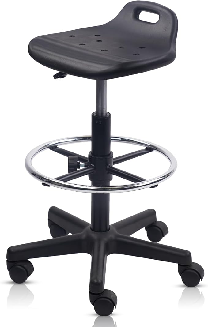 Round Rolling Drafting Stool with Foot Rest, Height Adjustable Swivel Multi-Purpose Office Desk Chair with Breathable Seat Cushion Stools for Home Bar Kitchen Salon Spa Medical, Black 1PK