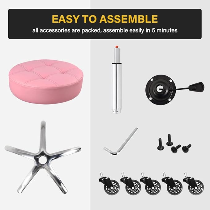 Heavy Duty Rolling Stool with Wheels Hydraulic Swivel Adjustable Rolling Stool Ergonomic Thick Leather Round Seat Stool Chair for Kitchen Drafting Lab Office Salon Message Stool – Pink