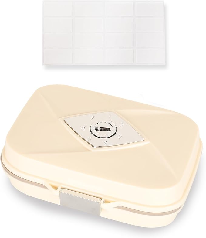 Weekly Pill Organizer, 7 Compartment Travel Pill Case with Rotatable Dose Recorder, Daily Waterproof Airtight Medicine Box for Vitamins & Supplements, Black Small, Cream White Large