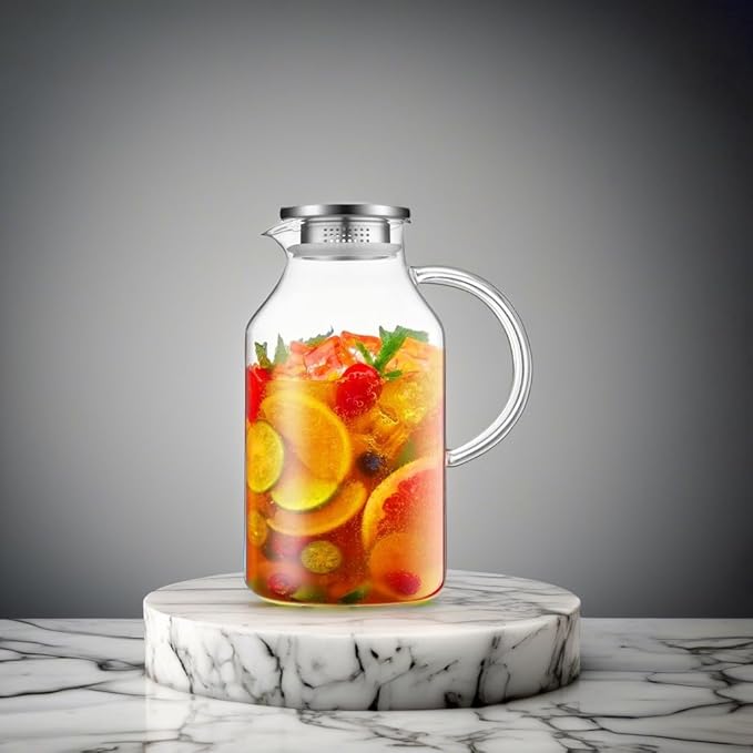 Bivvclaz 3 Liter 101 oz Glass Pitcher with Lid and Handle, Glass Water Pitcher for Fridge, Glass Carafe for Hot/Cold Water, Iced Tea Pitcher, Large Jug for Coffee, Juice and Homemade Beverage