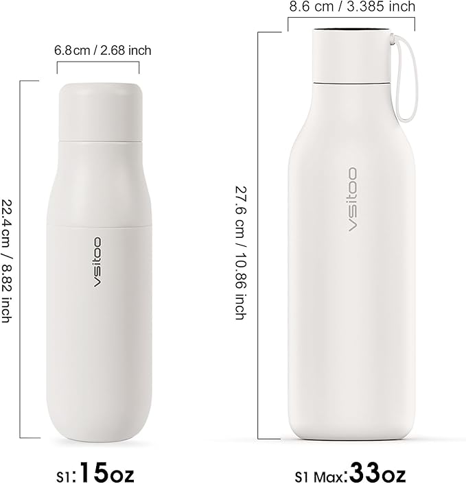 VSITOO 14.8oz Mini Smart Self-Cleaning Water Bottle，Small Insulated Stainless Steel Thermoses with AI Self-Clean, 30-Day Battery & Magnetic Charging for Travel, Gym, Office or Purse, White
