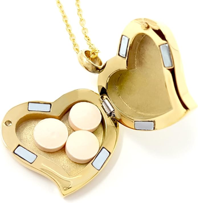 Amour Heart Pill Necklace - Polished Heart Locket with Strong Magnetic Closure - Medication Necklace - Keep Your Medication Securely with You at All Times - 26 Inch Chain