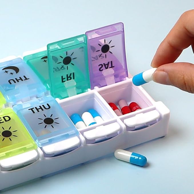 Extra Large Weekly AM/PM Pill Organizer with Spring Open Design,7-Day Medicine Box with Push Button, Pill Planner with Rainbow Colores lids,Portable Pill Case and Large Compartment for Travel.
