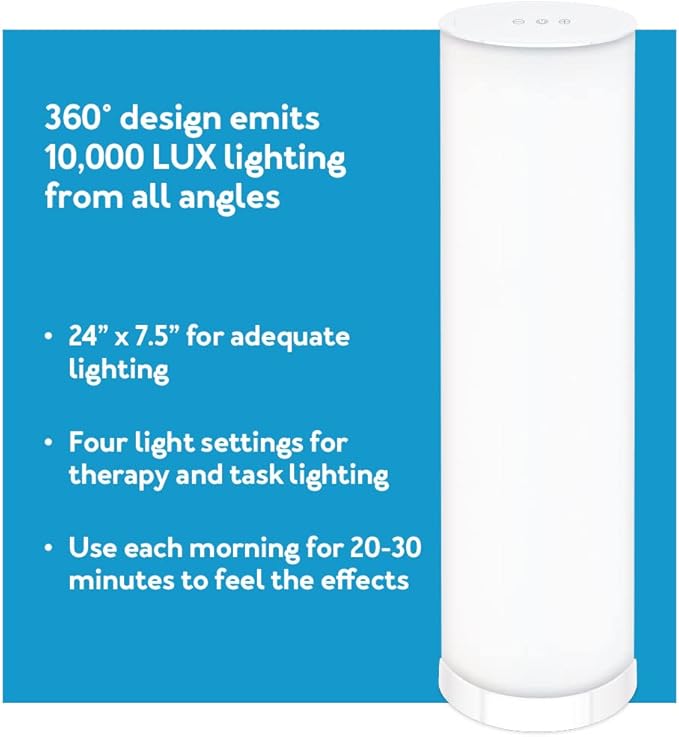 Light Therapy Lamp, 24in 10,000 LUX - LED Mood and Sunlight Lamp with 360 Degree Light Therapy to Fight Low Energy and Sunlight Deprivation for Home and Office Use, White
