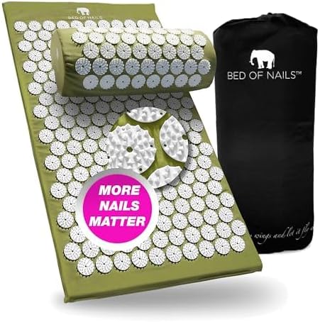 Bed of Nails Mat and Pillow Set – Original Bon Acupressure Design with 10962 Precision Nails, Mat: 28.5 x 16.5 x 1", Pillow: 14.5 x 6 x 4", Green
